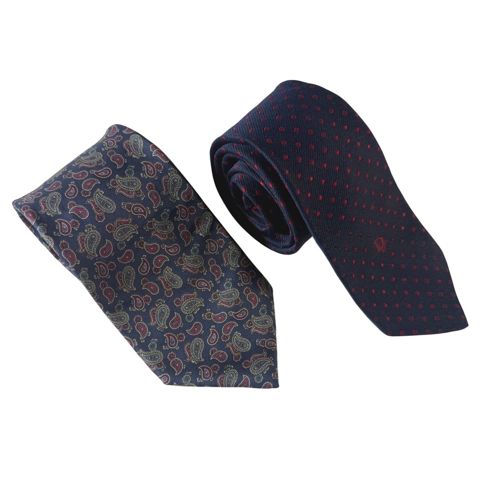 Christian Dior Tie Set Mens Navy Red Polka Dot Paisley Silk Vintage Lot Of 2 VTG